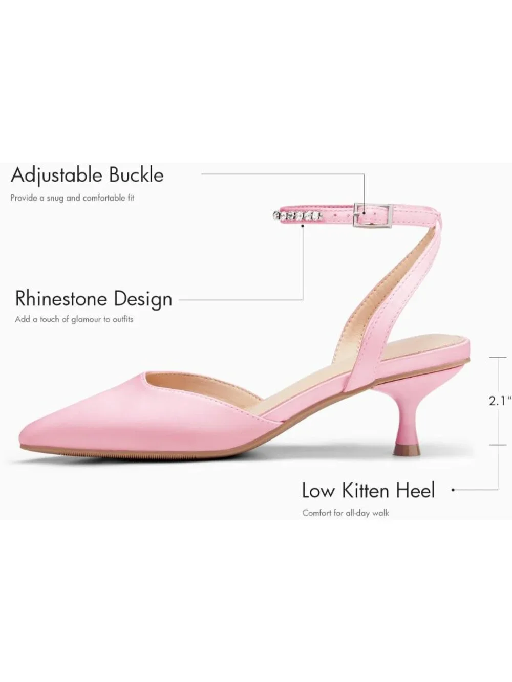 Women's Pink Low Kitten Heels Closed Pointed Toe Pumps Rhinestone Ankle Strap